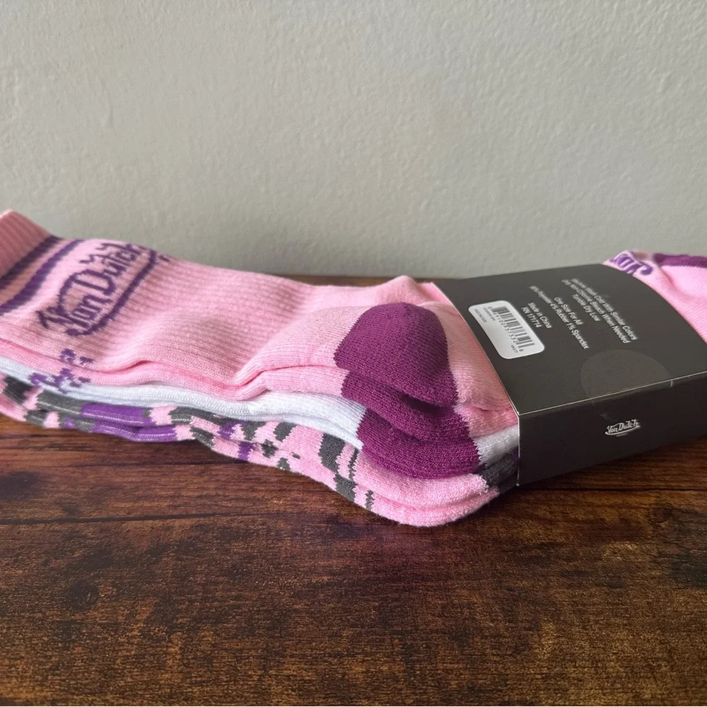 Von Dutch 3-Pack Women’s Pink and Purple Crew Socks with Logo NWT
